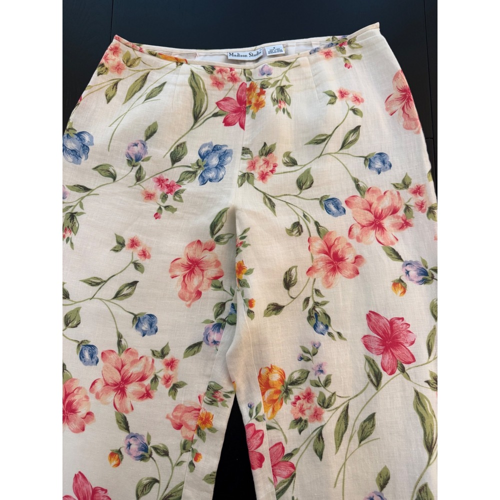 Madison Studio 100% Linen Pants Womens Size 6 Cream Cottage Floral Fully Lined